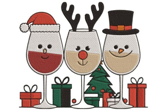 Christmas Wine Glasses and Gifts Embroidery Design