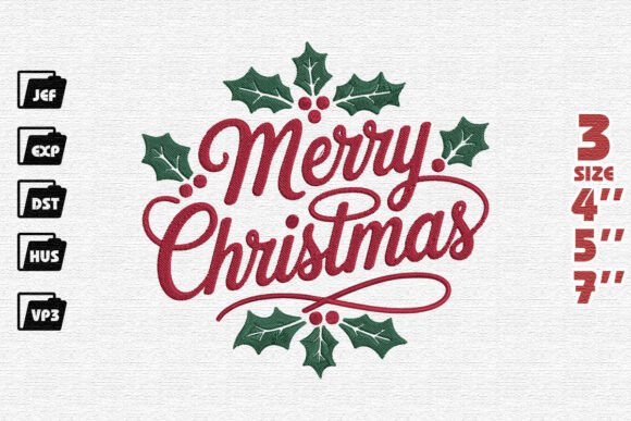 Classic Merry Christmas with Holly Berries Embroidery Design