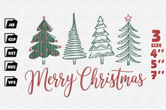 Merry Christmas with Whimsical Green Trees Embroidery Design